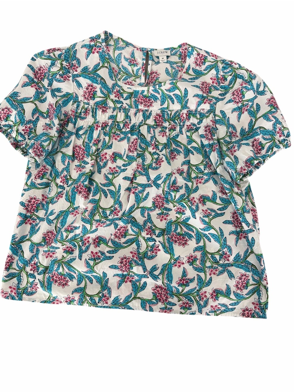J.Crew Factory Puff-Sleeve Smocked Floral Cotton Blouse – Size Medium - Picture 2 of 7
